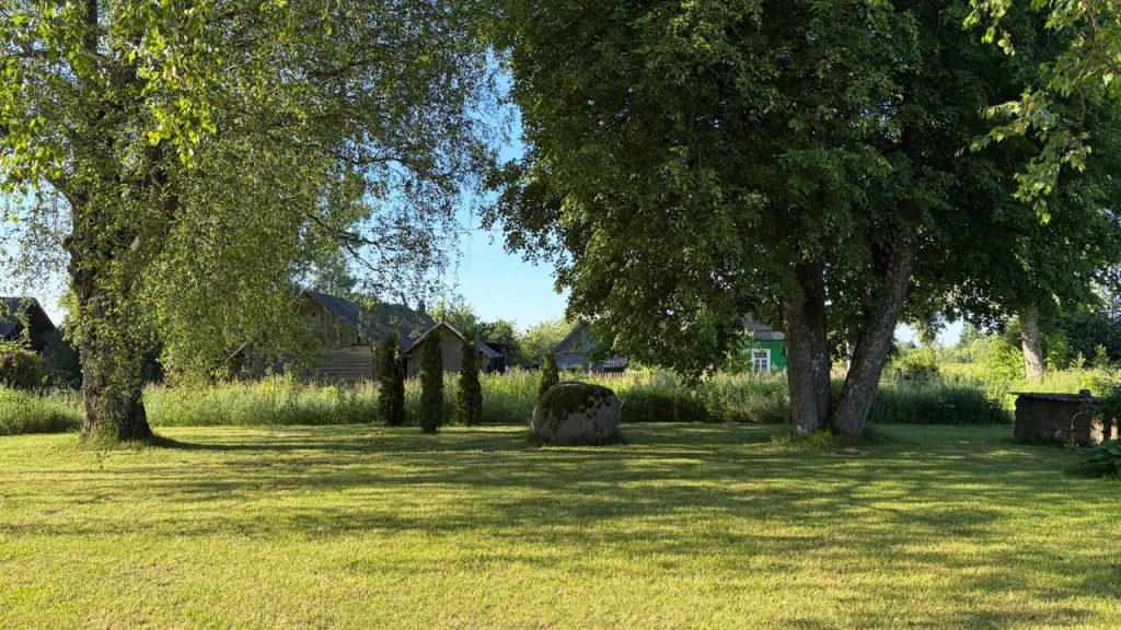 Peaceful countryside view with lush greenery and old wooden buildings under clear blue sky.
